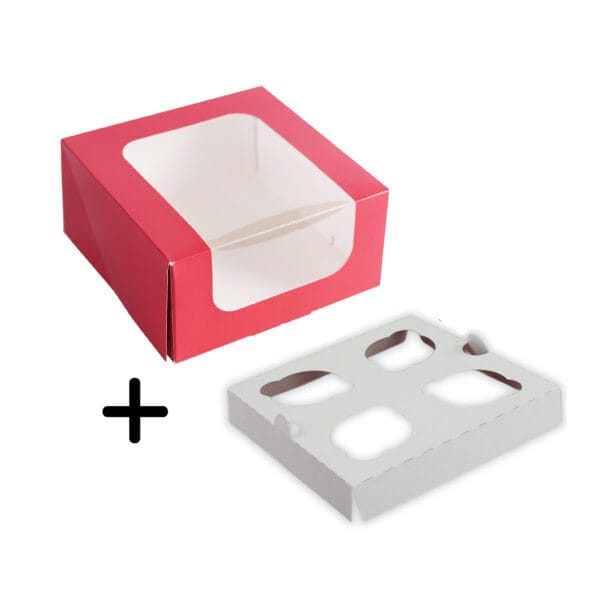 Pudełko na 4 muffinki malinowe czerwone + wkład 18x18 Tortino