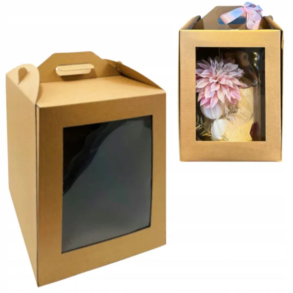 30x30x32  Pudełko na tort brązowe kraft z okienkiem