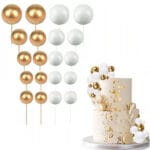 Topper dekoracja na tort BIAŁO ZŁOTE kule na piku 20szt