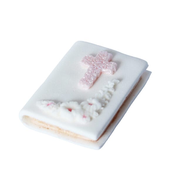 Dekoracja cukrowa na tort komunijny książeczka biało-różowa