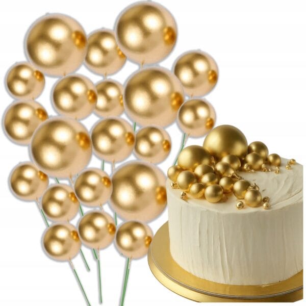 Topper dekoracja na tort złote kule na piku 20szt