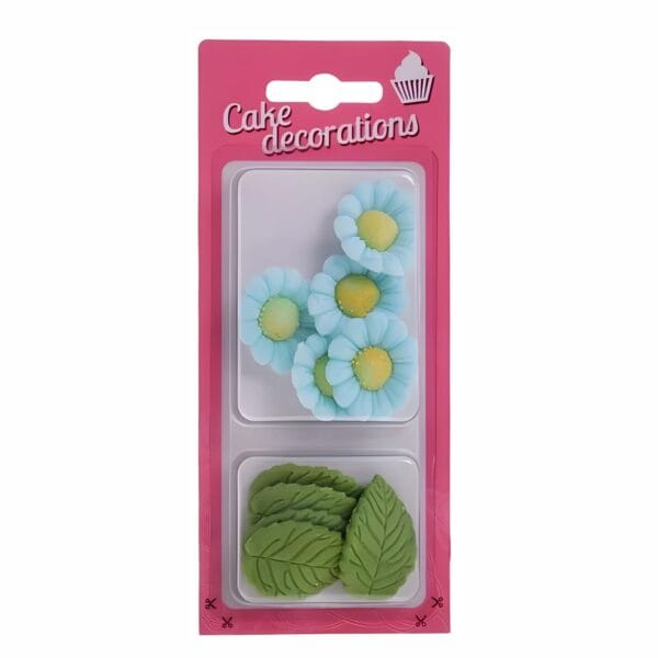 Kwiaty na tort 5 rumianków, 5 liści dekoracje niebieske Rose Decor