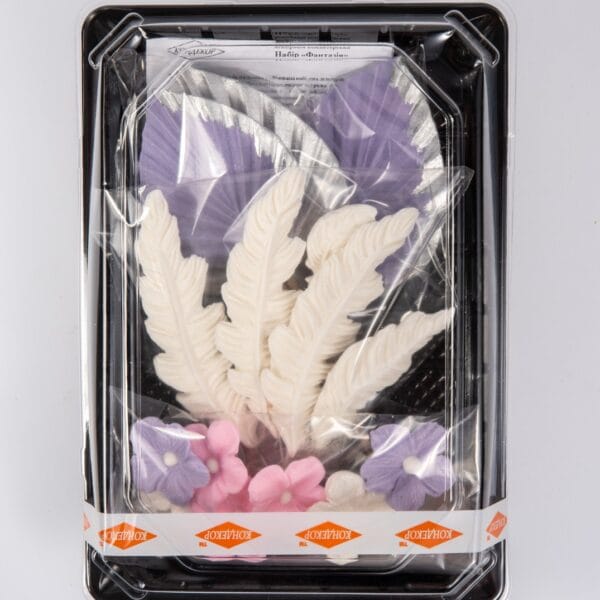 Dekoracja cukrowa pióra wachlarze Zestaw lawendowy srebrny