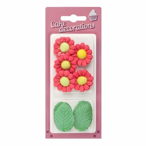 Kwiaty na tort 5 rumianków, 5 liści ozdoby czerwone Rose Decor